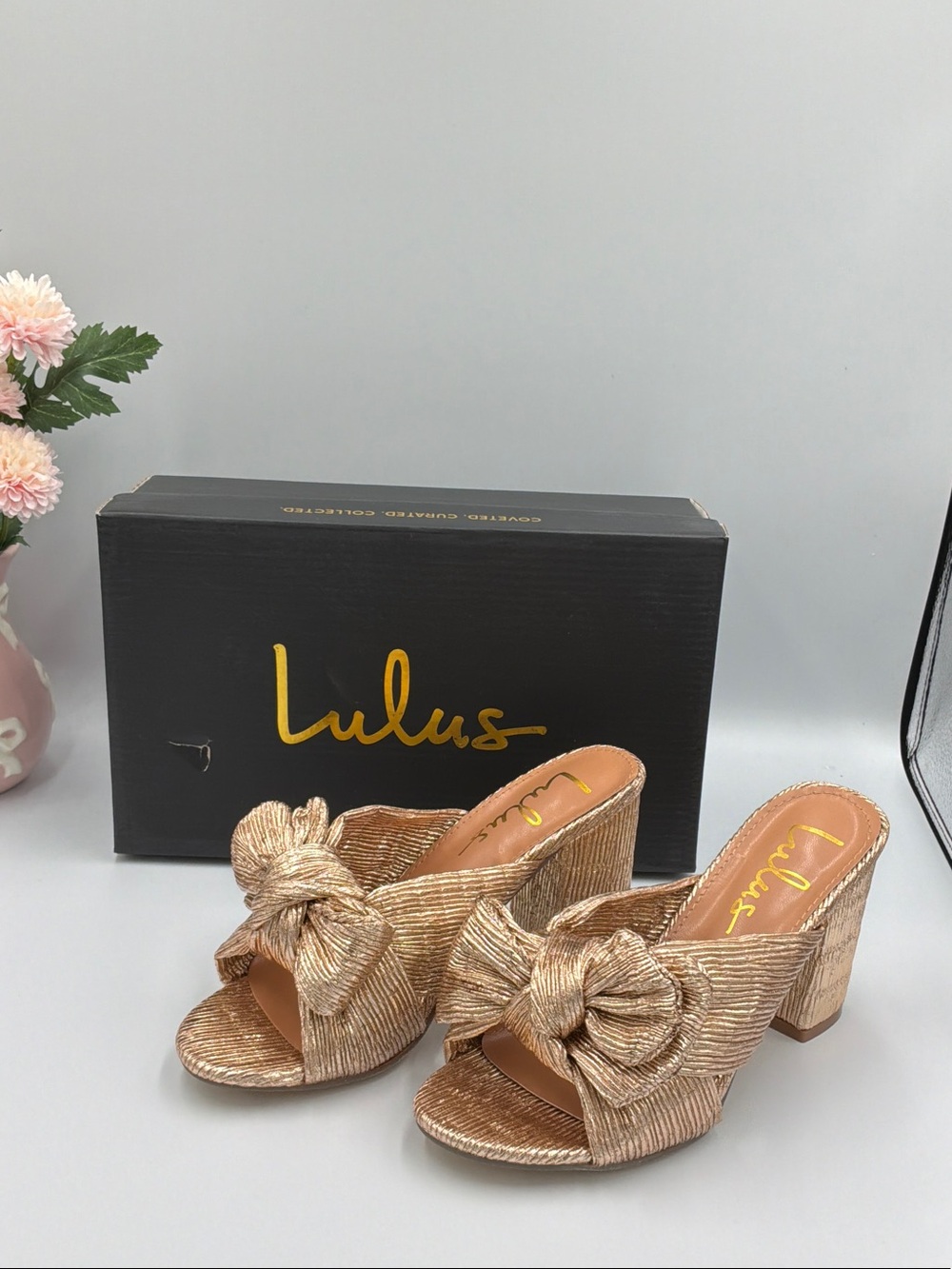 Lulu's Metallic Rose Gold Knot Block Heel Mules